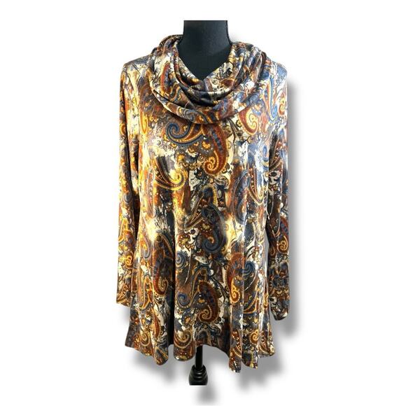 INTRO Brown Blue Gold Rust Paisley Cowl Neck Tunic  Hi Lo Long Sleeve Top NWT M - Picture 14 of 14